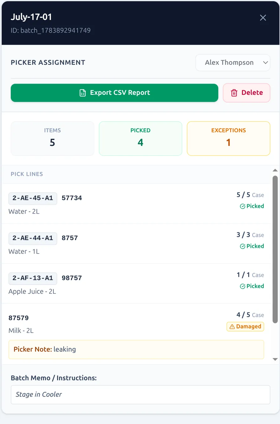 Supervisor reviewing picked quantities and a picker's exception note before exporting a CSV report